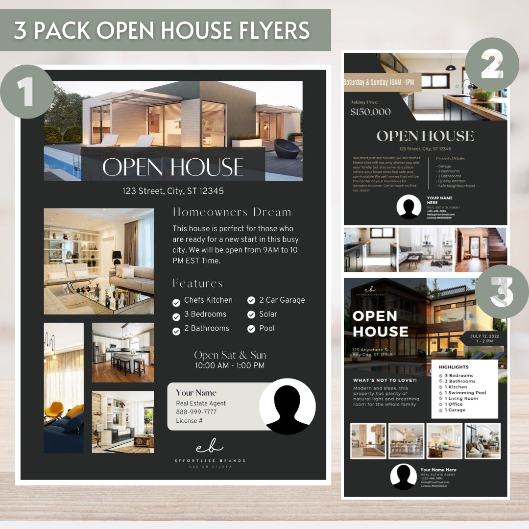 3 Pack - Open House Flyer Templates (Dark Theme)